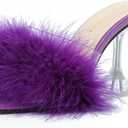 LIURUIJIA Feather High Heel Mules Sandals for Women Slip On Square Toe Clear Tapered Chunky Heels Fuzzy Fluffy Bridal Wedding Party Sexy Shoes (8, Purple)