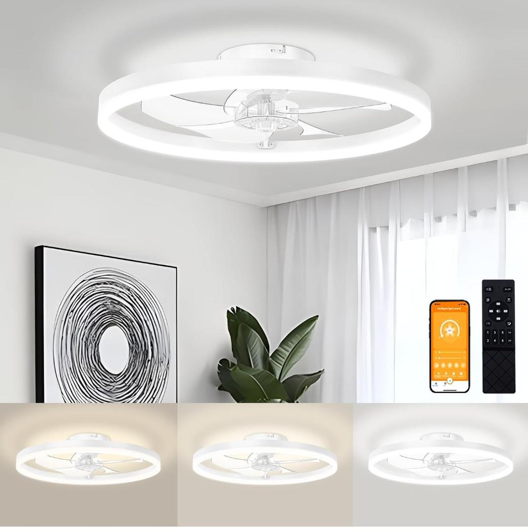 VOLISUN Low Profile Ceiling Fans with Light and Remote, 19.7in Modern Bladeless Ceiling Fan with Lights,3000K-6500K Dimmable Flush Mount LED Fan Light,White Fandelier Ceiling Fans for Bedroom