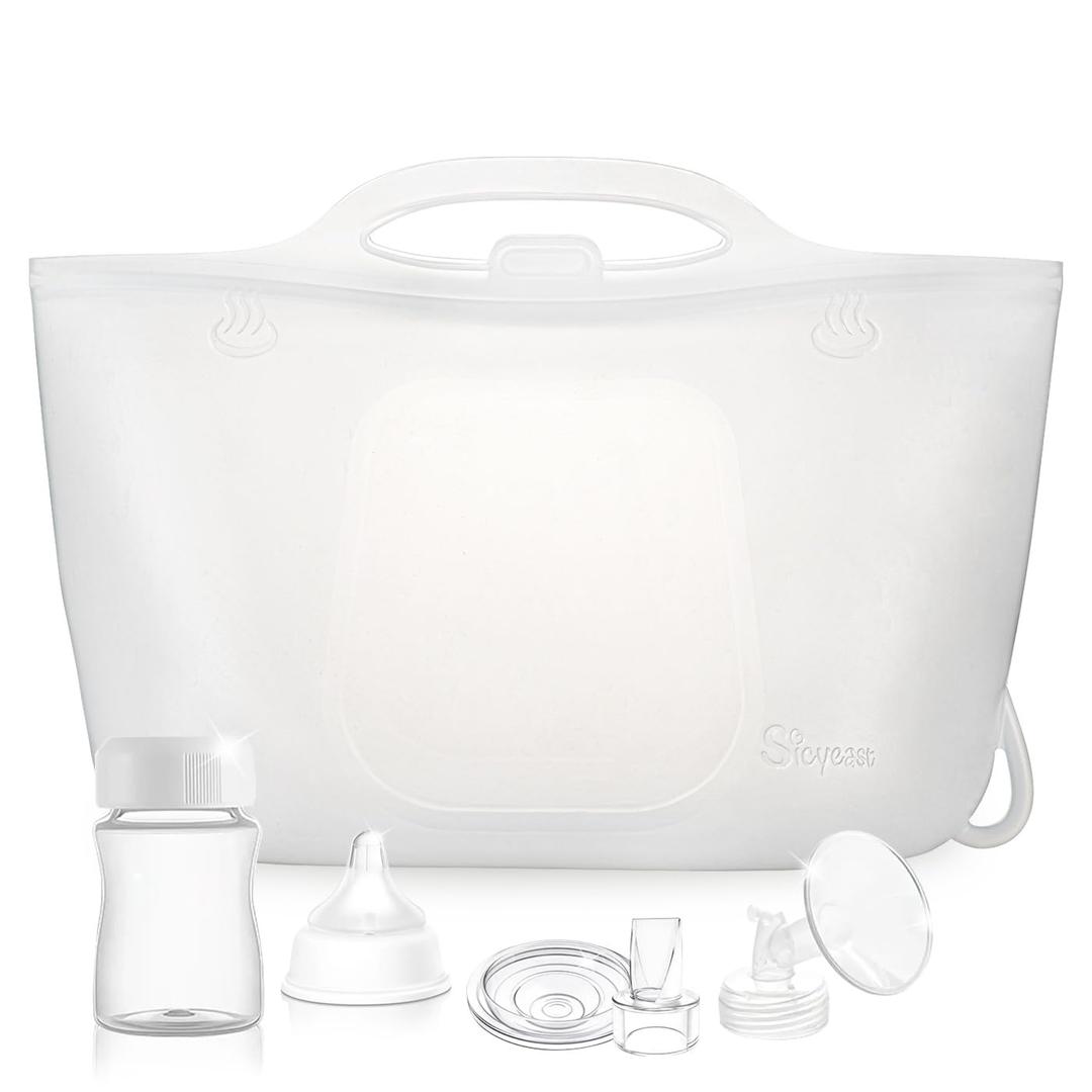 Silicone Travel Bottle Sterilizer Bags | 2000ml Microwave Steam Sterilizer Bags for Baby Bottles, Breast Pump & Pacifiers, Reusable Steam Sterilizing Bags for Travel and Home Use (Clear Milk White)