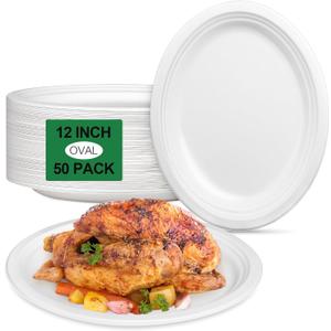 Large Paper Plates 12 Inch, 50 Pack Oval Plates Heavy Duty, Compostable Dinner Plates Eco Friendly Disposable Plates, White Paper Plate Sturdy Strong for Party BBQ Picnic Outdoor, Large, 12 inch 50 pcs