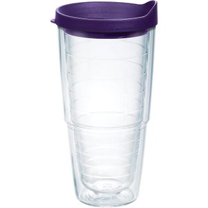 Tervis Clear & Colorful Lidded Made in USA Double Walled Insulated Tumbler Travel Cup Keeps Drinks Cold & Hot, 24oz, Royal Purple Lid