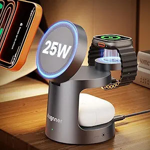 3 in 1 Charging Station Compatible with MagSafe Charger, Qi2.2 25W Magnetic Wireless Charger with Night Light, Foldable Charging Stand for iPhone 17/16/15/14/13/12, Apple Watch, AirPods (45W Adapter)