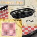 Plastic Fast Food Baskets with Paper Liners, 10.46.3 in Black Baskets & 1212 in Red Liners, Set of 10 Baskets & 100 Sheets for Burgers, Fries, Sandwiches, Parties, BBQ & Birthday