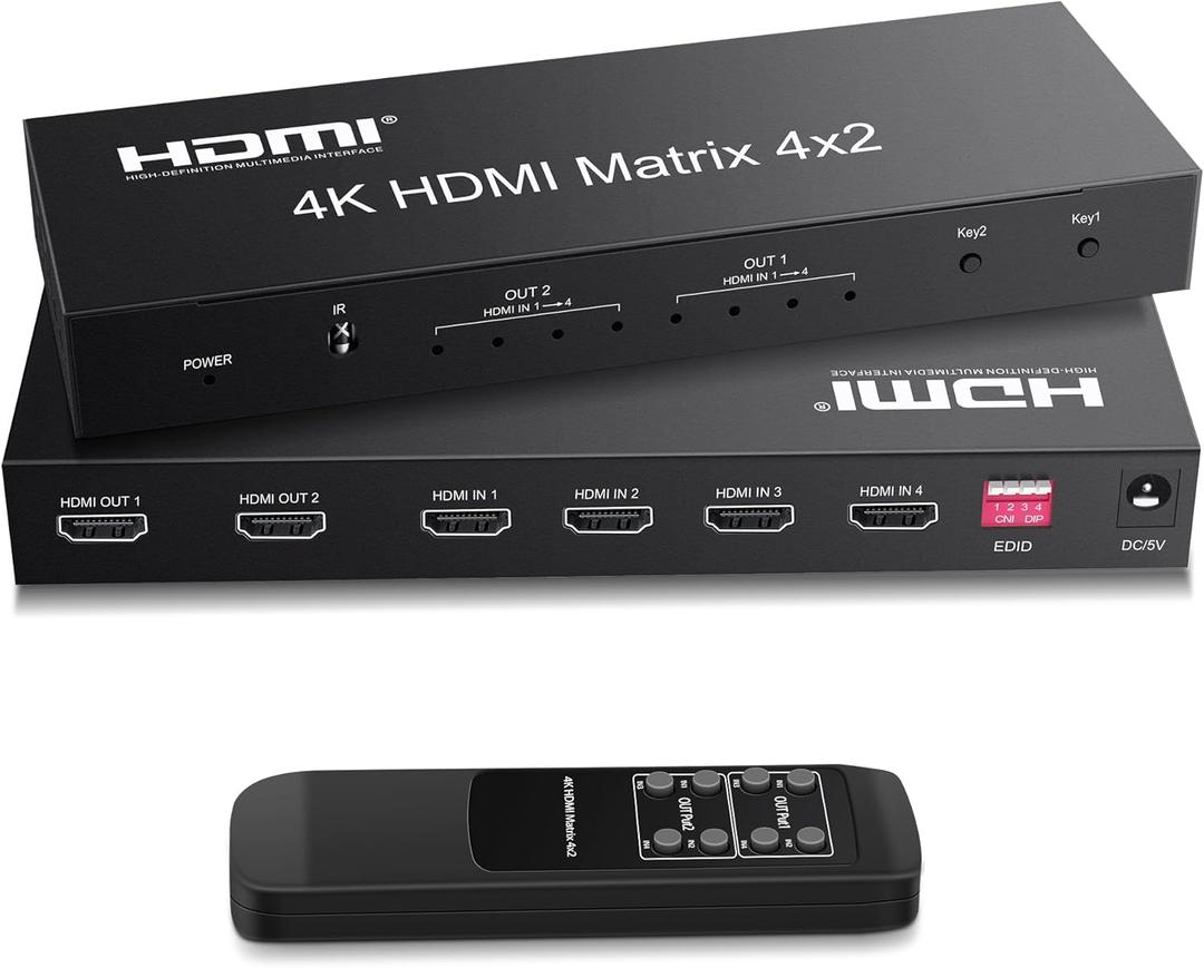 FERRISA 4x2 HDMI Matrix Switch,4 in 2 Out Matrix HDMI Video Switcher Splitter +Optical & L/R Audio Output,Support Ultra HD 4K,3D 1080P,Audio EDID Extractor with IR Remote Control