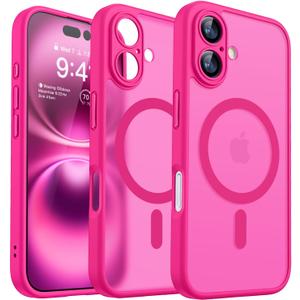 CANSHN Magnetic for iPhone 16 Case, Upgraded [Full Camera Protection] [Compatible with Magsafe] [Translucent Matte] Shockproof Protective Phone Case for iPhone 16 - Hot Pink