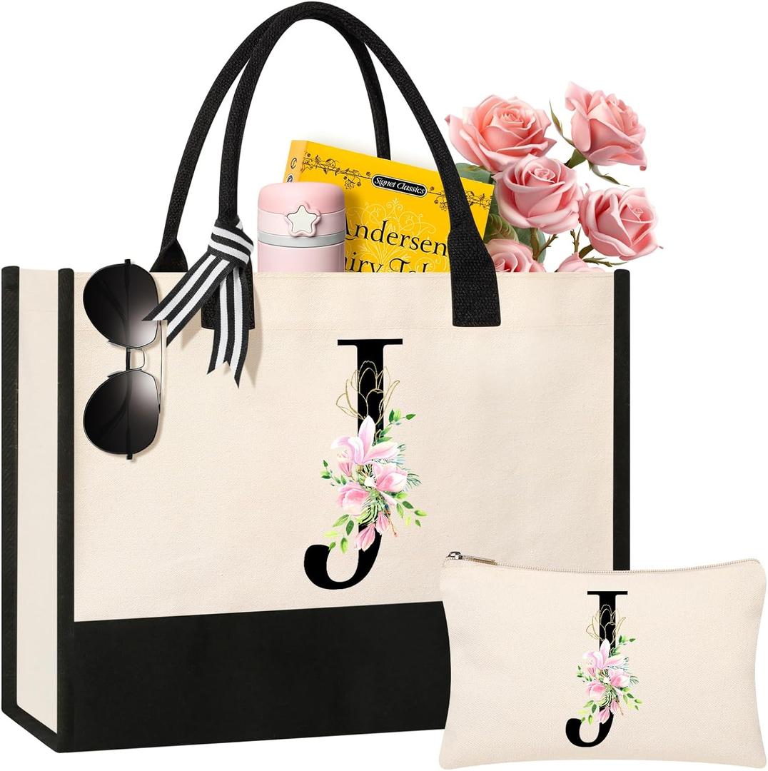 AYGE Personalized Initial Canvas Beach Bag Cosmetic Bags, Tote Bag, Makeup Bag, Gifts for Sister Mom Teacher Bridesmaid