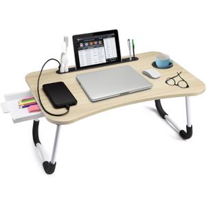 Slendor Lap Desk with Tablet Slot, Foldable Laptop Table with Storage DrawerPortable Bed Desk for Laptop, Computer Tray with Cup Holder Notebook Stand Reading Holder for Couch Floor, White Maple