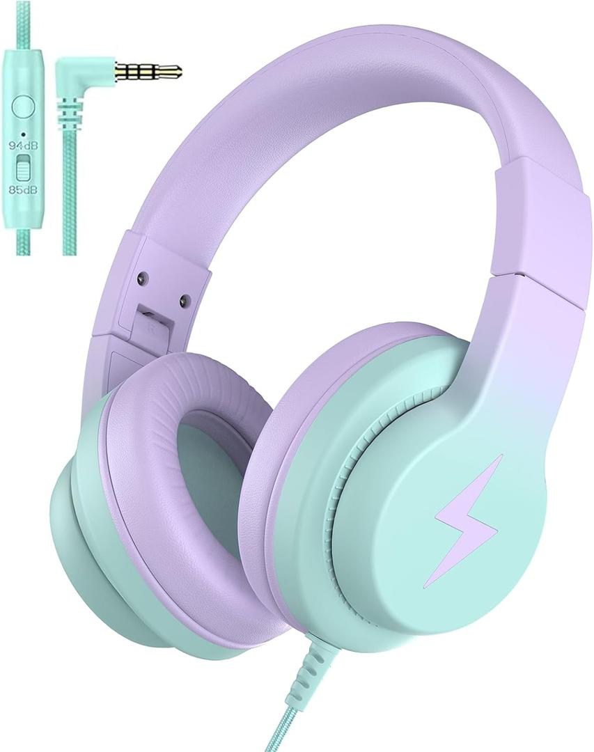 Candy Bila Kids Headphones, Wired Headphones for Kids Over Ear with Microphone, 85/94dB Volume Limiter Headphone for Girls Boys, Foldable Headphone for Learning & Entertainment,Gradient Purple