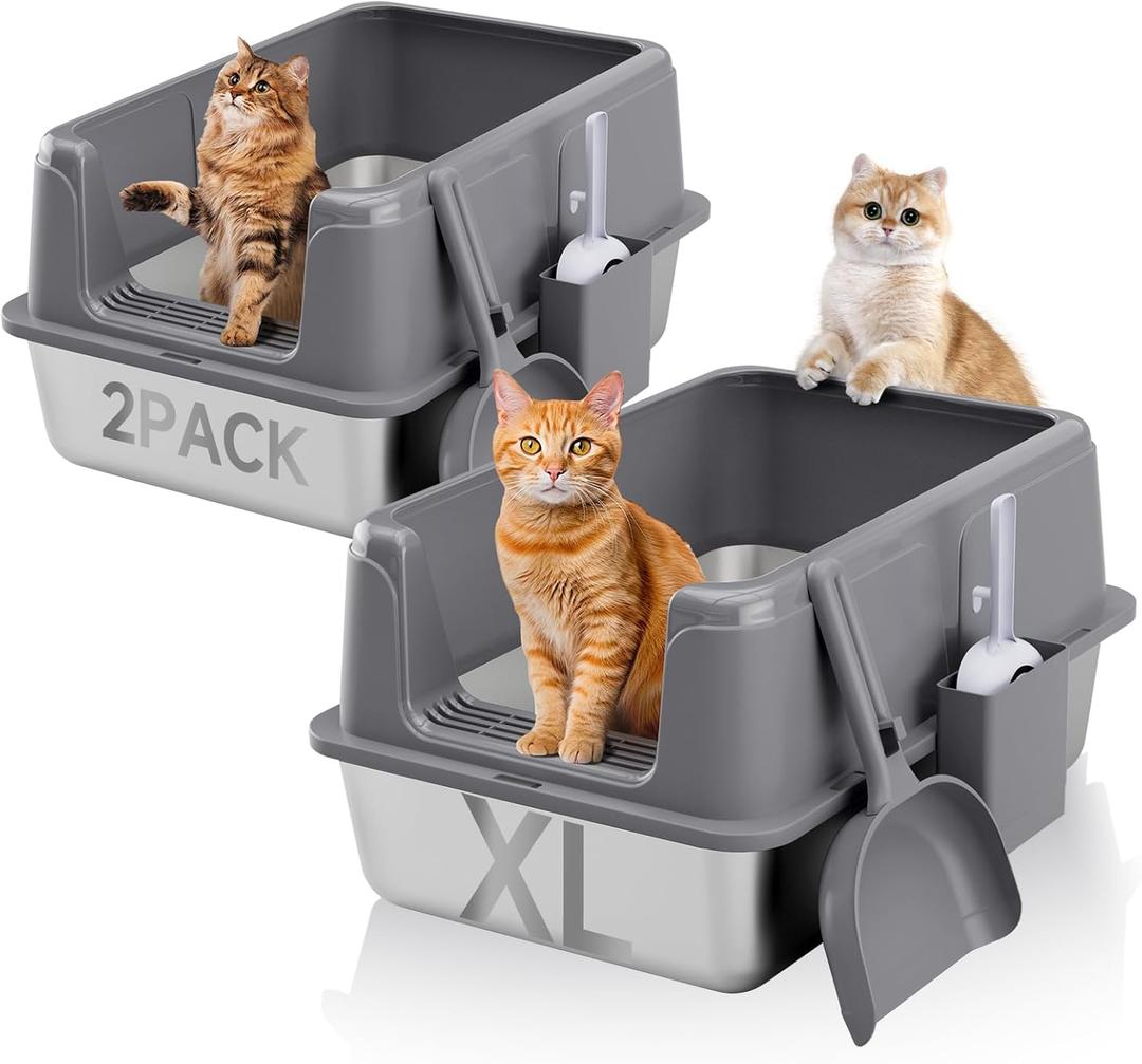 2 Pack Stainless Steel Litter Box, XL Enclosed Cat Litter Boxes, Metal Litter Pan with High Sides Odor Free Non Sticky Easy Cleaning, Grey