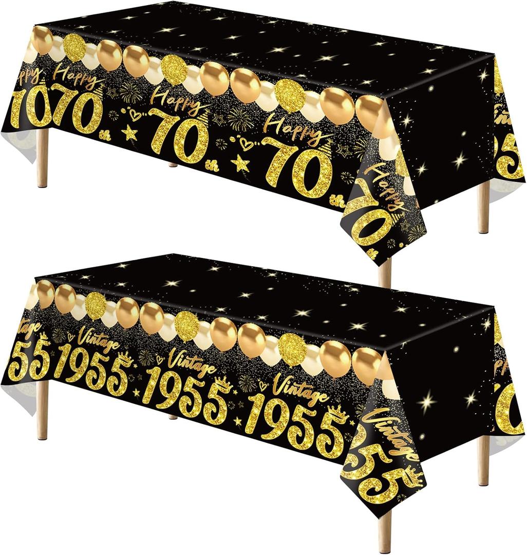 2pcs 70th Birthday Tablecloth, Black Gold 70th Birthday Decorations for Men Women Vintage 1955 Table Cloth Plastic Rectangular 70th Table Cover Happy 70 th Anniversary Party Supplies