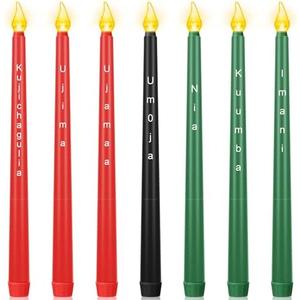 Riakrum 7 Pieces Kwanzaa Candles Set Kwanzaa Flameless Taper Candles Battery Operated for Church Celebration Decoration(10.83 Inches,Words)