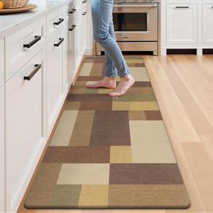 Ileading Anti Fatigue Kitchen Mat, Non Slip Cushioned Standing Floor Mat, Waterproof Kitchen Runner Rug, Farmhouse Comfort Padded Mat for Sink, Laundry, Office, Tan&Brown, 24''x71''