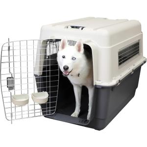 SportPet Airline Compliant XX-LARGE 39" Travel Dog Kennel-Durable Plastic Airline Pet Carrier w/ Removable Wheels & Food Bowls, Collapsible Indoor/Outdoor Dog Kennel, Dogs up to 36"L & 27"H-Cream/Gray