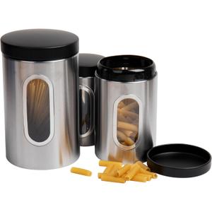 Mind Reader 3-Piece Canister Set, Kitchen Storage, Sugar, Coffee Container, Kitchen, 5"L x 5"W x 8.25"H, Silver and Black