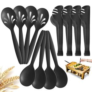 RayPard Reusable Plastic Serving Utensils Set of 24, Wheat straw Large Serving set 10" Serving Spoons/10" Slotted Spoons/9.4" Tongs, for Party Buffet Catering (Black, Not for Cooking)