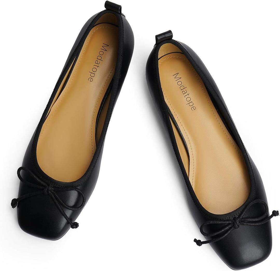 Modatope Ballet Flats with Bow Ballerina Closed Square Toe Slip on Bowknot Flats Shoes for Women Dressy (8.5, Black)