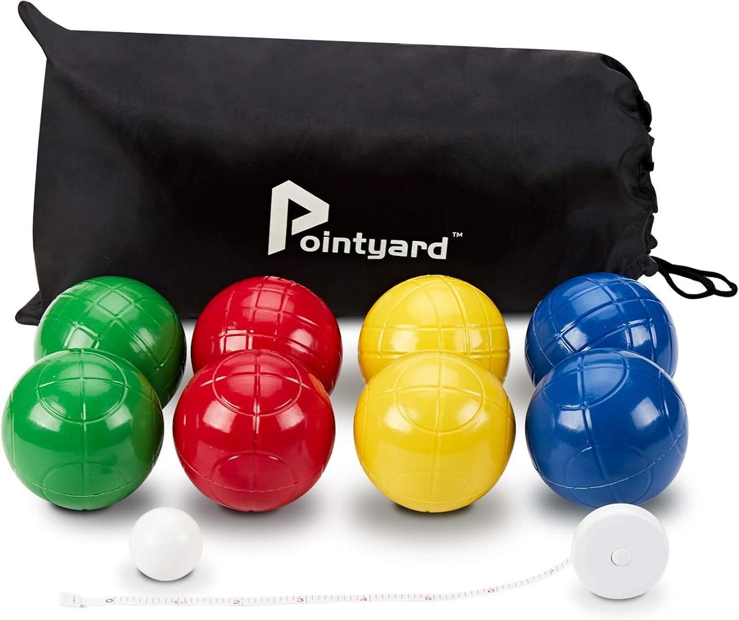 Pointyard 100mm Bocce Ball Set, Regulation Bocci Ball Set with 8 PE Bocce Balls/1 Pallino/Carrying Bag/Measuring Tape - Outdoor Family Bocce Game for Backyard/Lawn/Beach (Red,Blue,Green,Yellow) Pointyard 100mm Bocce Ball Set, Regulation Bocci Ball Set with 8 PE Bocce Balls/1 Pallino/Carrying Bag/Measuring Tape - Outdoor Family Bocce Game for Backyard/Lawn/Beach (Red,Blue,Green,Yellow)