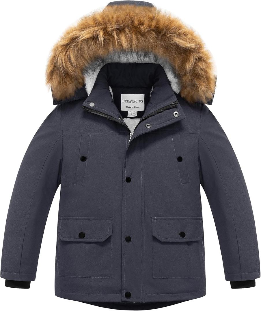 CREATMO US Boy's Long Winter Coat Warm Fleece Lined Waterproof Puffer Jacket Thicken Padded Snow Parka with Faux Fur Hood (14-16 Years, Dark Gray)