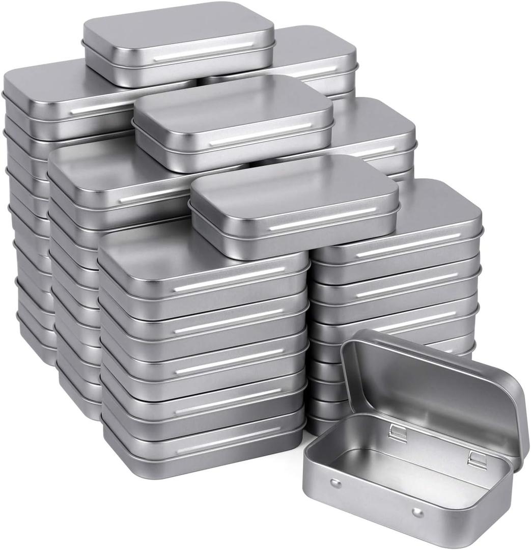 Metal Rectangular Empty Hinged Tins - Pack of 40 Silver Mini Portable Box Small Storage Kit & Home Organizer with lids craft containers 3-1/2''X2-1/2''X4/5''
