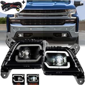 DRFG LED Fog Light with DRL Compatible for Chevy Silverado 2019 2020 2021 2022 Bumper Driving Lamp for Silverado 1500 Include H11 Relay Harness Wire Kit