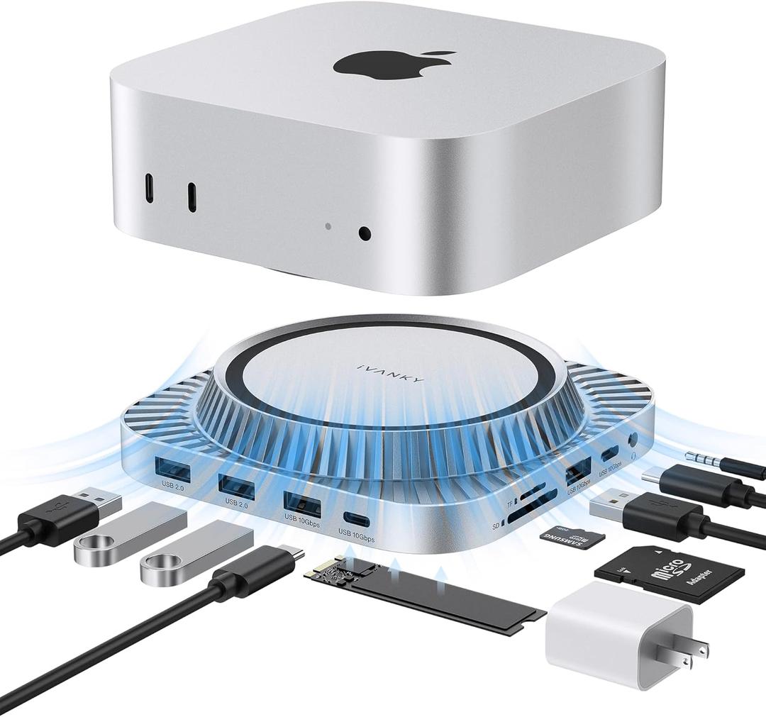 IVANKY 13-in-1 Mac mini M4 &M4 Pro (2024) Dock, Docking Station Stand with M.2 NVMe SSD Enclosure,4K@120Hz HDMI Hub, 10 Gbps USB A *2 +USB C *2, SD/TF, Audio Ports *2, 20W PD Power Adapter *1 (High-Speed, Sliver)
