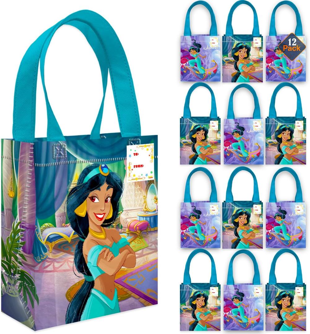 Princess Jasmine Party Favor Bags Set 12 Pack 8" Aladdin Goodie Bags for Kids Bulk Reusable Mini Totes | Disney Princess Jasmine Birthday Party Supplies
