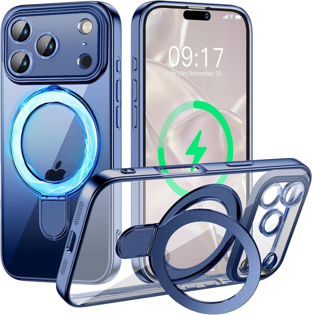 Magnetic for iPhone 17 Pro Max Case with Invisible Stand[Compatible with MagSafe][Full Camera Lens Protector][Military Drop Protection] Shockproof Not Yellowing Clear Slim Soft for Women Men (Blue Titanium)