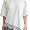 EXLURA Womens Summer Oversized Lace Trim T Shirts 2026 Casual Half Sleeve Asymmetrical Hem Tops Loose Crewneck Tunic Blouse (White, M)