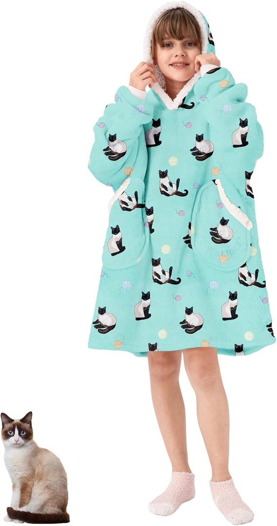 American Trends Blanket Hoodie Cozy Warm Oversized Blanket Sweatshirt Sherpa Wearable Blanket Gifts for Women (Siamese Cat) Kids