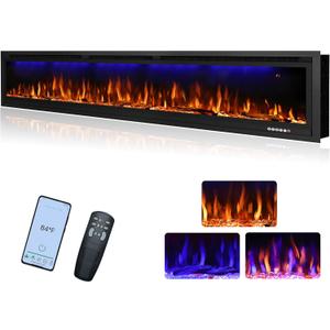 74" WiFi-Enabled Electric Fireplace Insert, APP Smart Control, Wall Mounted&Recessed Linear Fireplace Heater with Thermostat, Flame&Top Lights, Log&Crystal, Timer