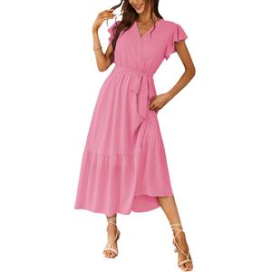 PRETTYGARDEN Women's Summer Floral Boho Dress Wrap V Neck Short Sleeve Ruffle A-Line Flowy Maxi Wedding Guest Dresses (Solid Rose Pink,Medium)