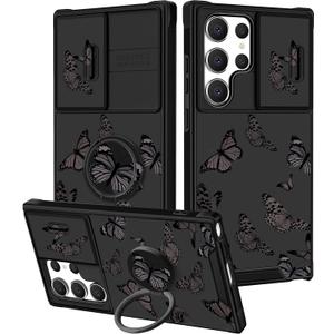 Goocrux (2in1 for Samsung Galaxy S23 Ultra Case Black Butterfly for Women Girls Girly Phone Cover Cute Butterflies Design with Slide Camera Cover+Ring Holder Fashion Cases for S23 Ultra 5G 2023 6.8''