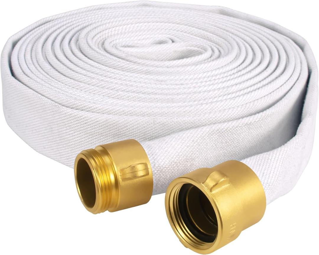 EPDM Fire Hose, 50 FT x 1-1/2" ID Firehose, White Industrial Hose - NST/NH Couplings, Lay Flat Water Hose+Brass Coupling, Outer White Staple Fiber, for Using in Firefighting, Home, Garden