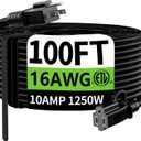 HUANCHAIN Indoor Outdoor Black Extension Cord 100 ft Waterproof, 16/3 Gauge Flexible Cold-Resistant Appliance Extension Cord Outside, 10A 1250W 16AWG SJTW, 3 Prong Heavy Duty Electric Cable, ETL