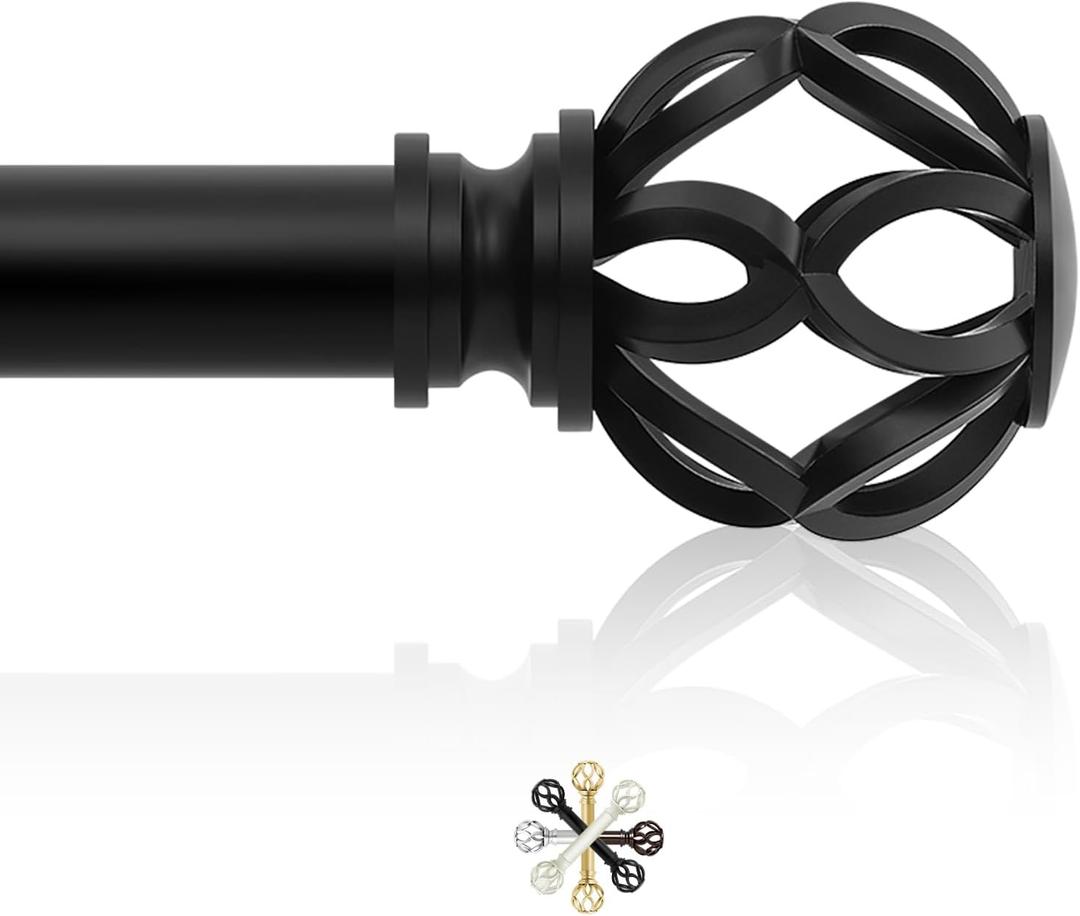 Black Decorative Farmhouse Curtain Rods:72-144"Adjustable Heavy Duty Single Window Curtain Rod for Bedroom Living Room,Matte Black Boho Rustic Drapery Rods with Vintage Twist Finial Easy Install