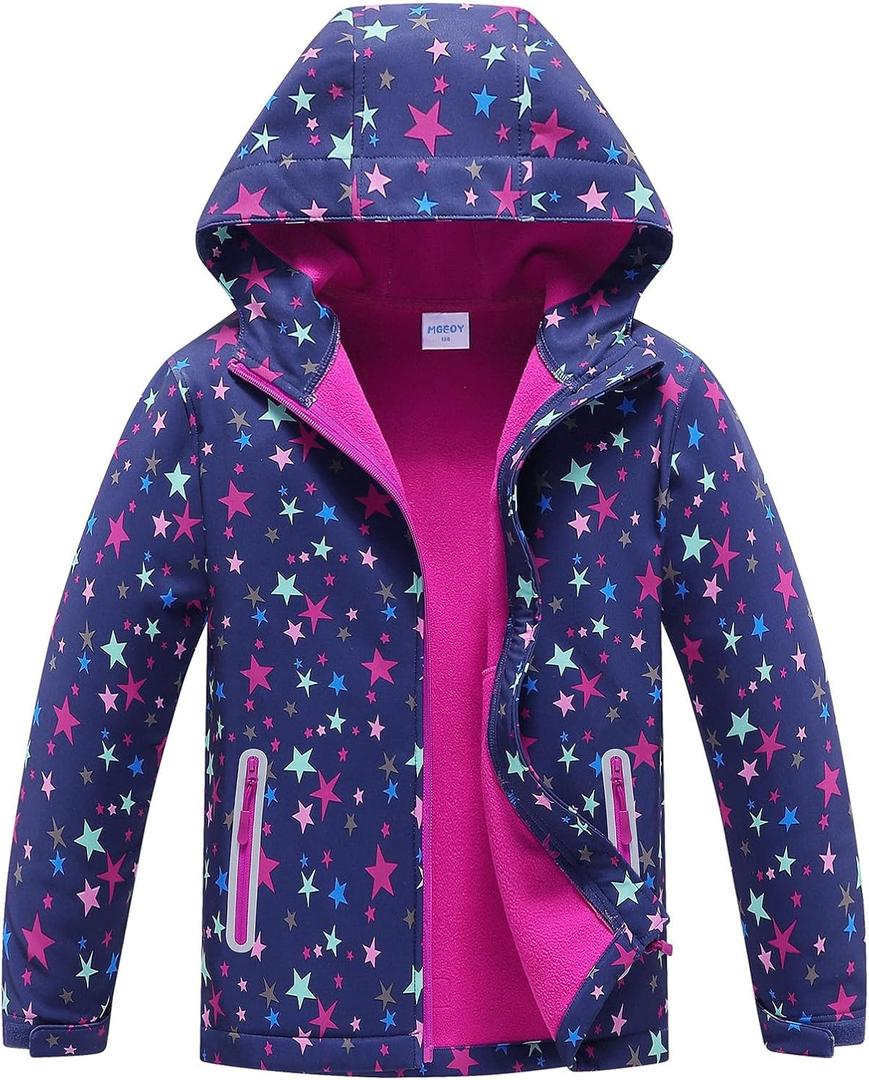 MGEOY Boys Girls Rain Jacket Lightweight Waterproof Hooded Fleece Lined Raincoat Windbreakers for Kids (5-6 Years, Purple Stars(lining:fleece))