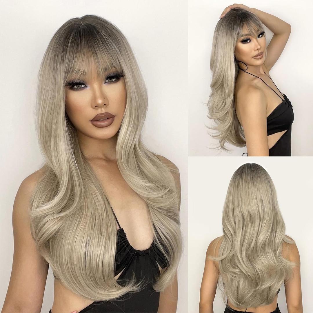 N NAYASA Long Dirty Blonde Layered Wig with Bangs and Ombre Blonde Roots - Heat Resistant Synthetic Wig for Daily Party Use - 24''