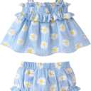 CBHAIBLYD Infant Toddler Baby Girl Summer Cotton Clothes Strap Ruffle Smocked Top and Shorts 2Pcs Outfit Clothing Set(Blue, 12-18M)