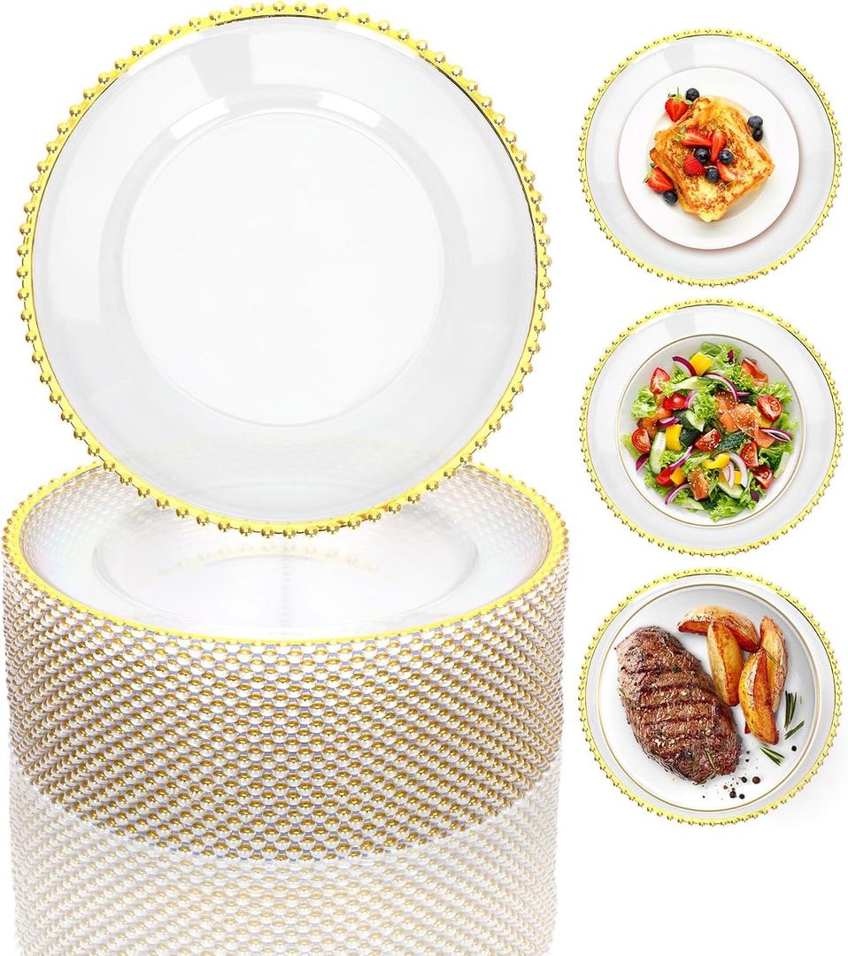 Clear Charger Plates Bulk 50Pcs, 13" Gold Beaded Chargers Wedding