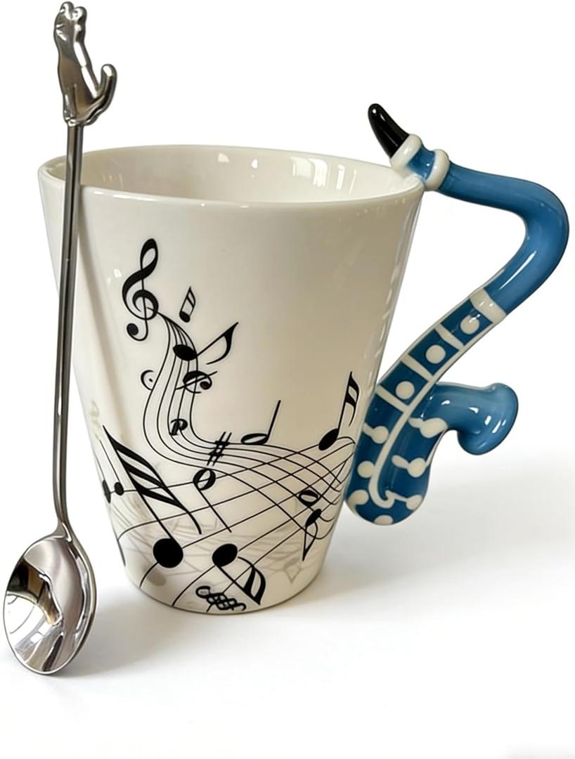 Saxophone Novelty Mug Unique Musical Gift Coffee Cup with Saxophone Handle Design & Spoon, Great Gifts for Music Teachers,Holidays,Mother's Day,Fathers Day,Men,Woman
