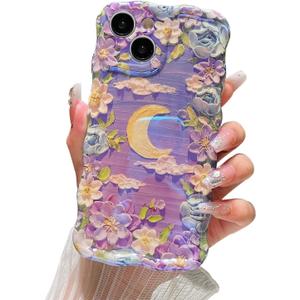 Compatible with iPhone 13 Pro Case for Women, Cute Curly Wave Frame Shape, Colorful Retro Oil Painting Flower Laser Beam Glossy Pattern, Compatible with iPhone 13 Pro, Moon