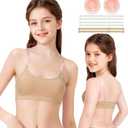 WYHDY Seamless Dance Bra for Teen Girls, Nude Training Bra with 2 Pairs of Clear Straps, Removable Silicone Pads,Sports (Beige) M