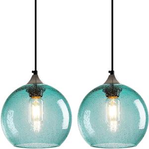Light Blue Glass Pendant Lights Kitchen Island Lighting Globe Pendant Light Fixtures Modern Pendant Lighting for Bedroom Living Dining Room Light Fixture (7.87 in, 2 Pack)