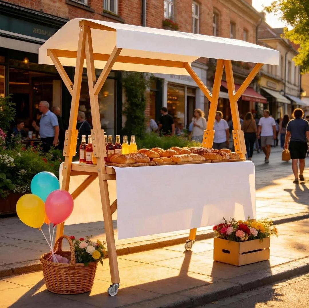 Market Stall Frame Carts Width 59" Outdoor Pine Wood Street Food Vendor Cart with Canopy Folding Vendor Stall Cart with Wheels for Beaches or Festivals (White)