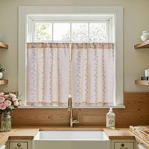 Jinchan Katy Linen Floral Kitchen Curtains 30 Inches Length Stripe Cafe Curtains Farmhouse Cottagecore Tier Small Window Drapes for Living Room Light Filtering Rod Pocket 2 Panels Blue on Linen