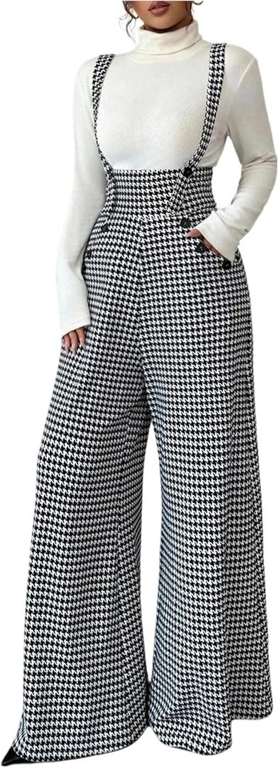 Milumia Women's Houndstooth Print Overalls Jumpsuit Casual Sleeveless Wide Leg Pants Romper Black Small