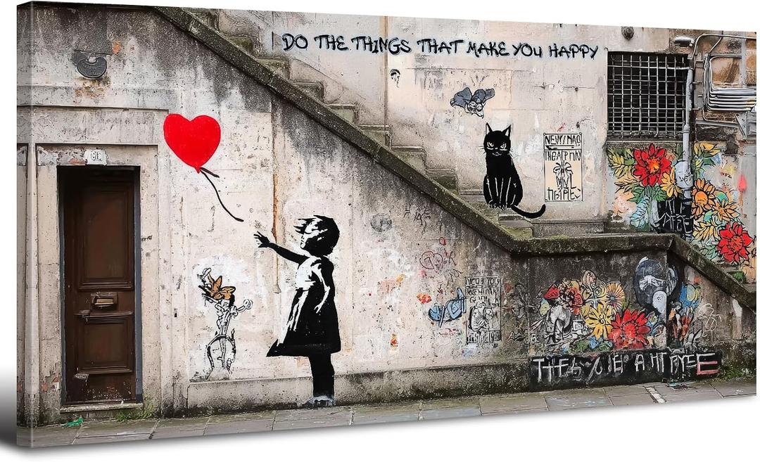 Banksy Wall Art Graffiti Wall Decor Little Girl with Red Balloon Picture for Bedroom Street Pop Art Canvas Prints Abstract Flower Black Cat Poster Modern Artwork Living Room Office Decorations 20x40"