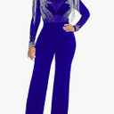 Molilove Women's Sexy Jumpsuit Elegant Long Sleeve Bodycon Sheer Mesh See Through Rhinestone Casual Loose Jumpsuits, M