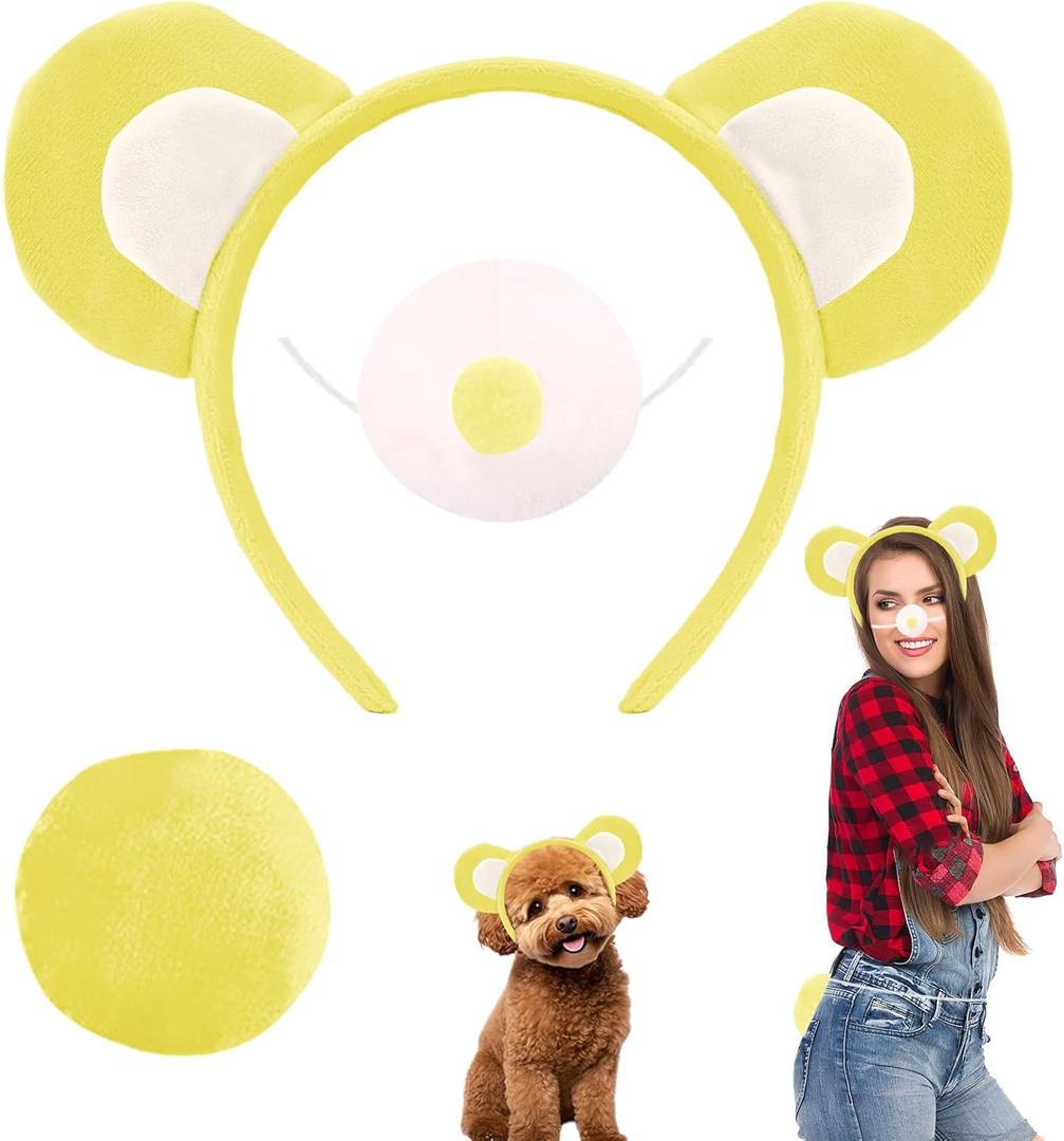 Bear Costume Accessories Set Animal Ears Headband Tail Nose Cartoon Cosplay Prop Kit 101 Day Christmas Dress up Party (One Size, Yellow)