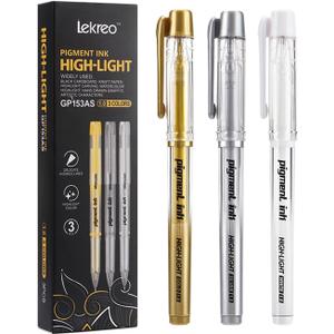 Gold Silver White Ink Gel Pens, 1mm Medium Fine Point, Opaque archival Ink Pen for Dark Paper Drawing,Sketching, Illustration, Card Making, Bullet Journaling (Assorted Color- 3 Packs)